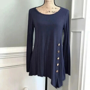 *Navy Asymmetrical Long Sleeve Top with Side Button Detail - Size Medium